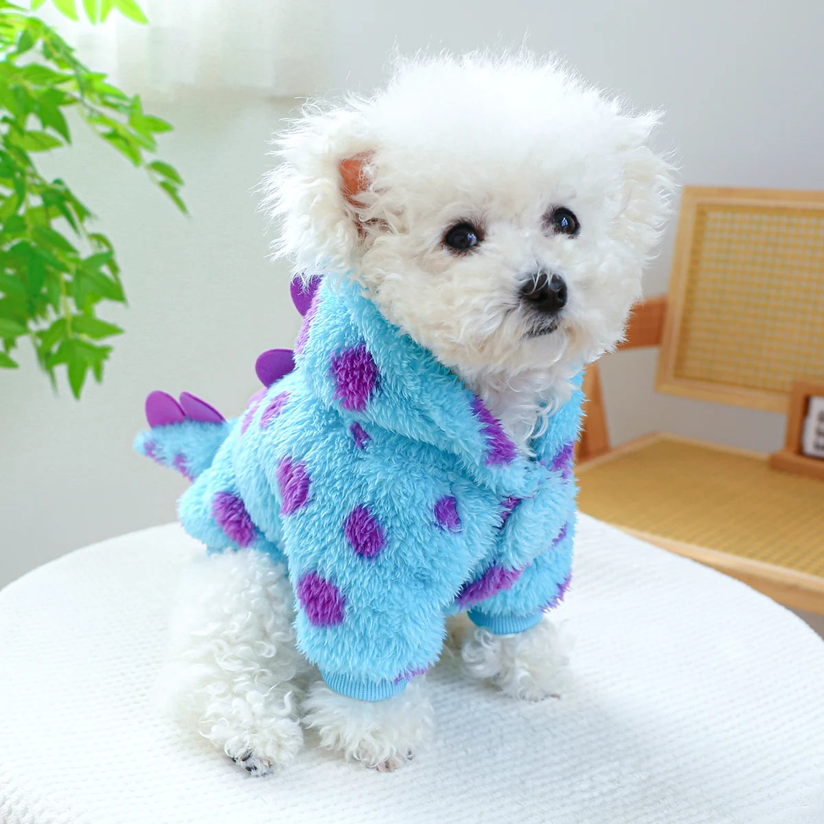 1PC Pet Clothing Dog Cat Autumn and Winter Thickened Warm Blue Dinosaur Hooded Coat with Drawstring Buckle for Small Medium Dogs