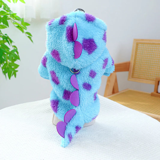 1PC Pet Clothing Dog Cat Autumn and Winter Thickened Warm Blue Dinosaur Hooded Coat with Drawstring Buckle for Small Medium Dogs